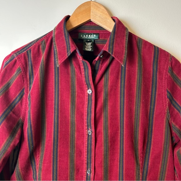 Vintage 90’s Lauren Ralph Lauren Burgundy Striped Corduroy Dark Academia Shirt - Picture 4 of 8